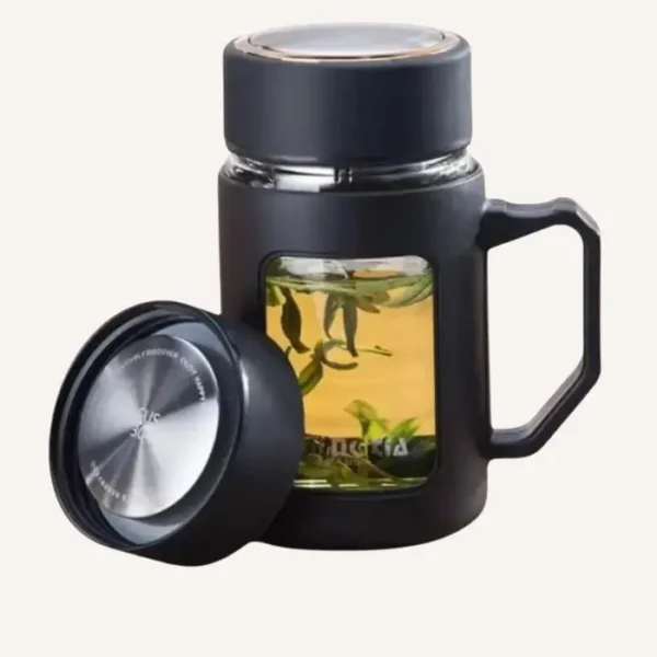 Premium Glass Tea Mug with Handle and Stainless Steel Lid.