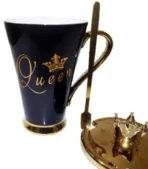 King Queen ceramic Mug with Crown Lid & Spoon.