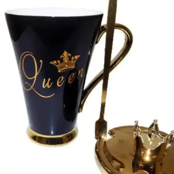 King Queen ceramic Mug with Crown Lid & Spoon.