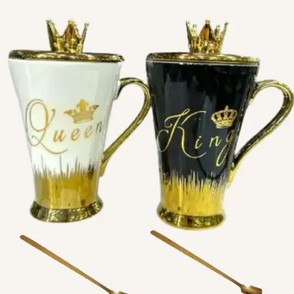 King Queen ceramic Mug with Crown Lid & Spoon.