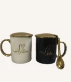 Ceramic couple coffee mug with lid & spoon.