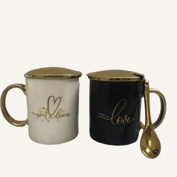 Ceramic couple coffee mug with lid & spoon.