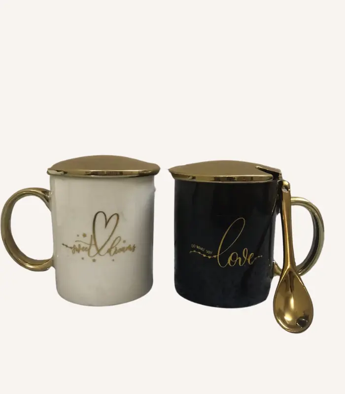 Ceramic couple coffee mug with lid & spoon.