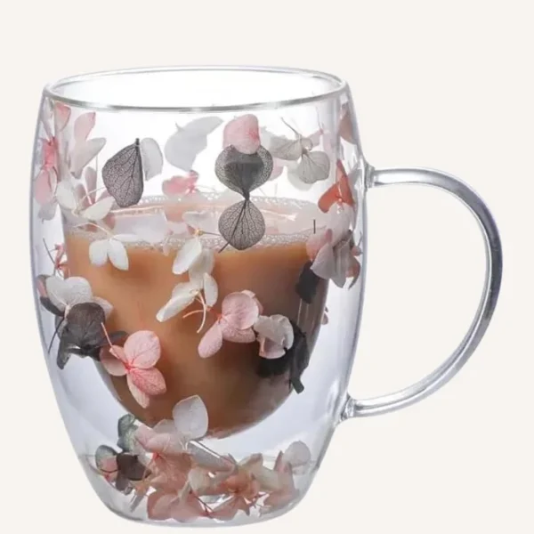 Double Wall Glass Mug with Dry Flowers.