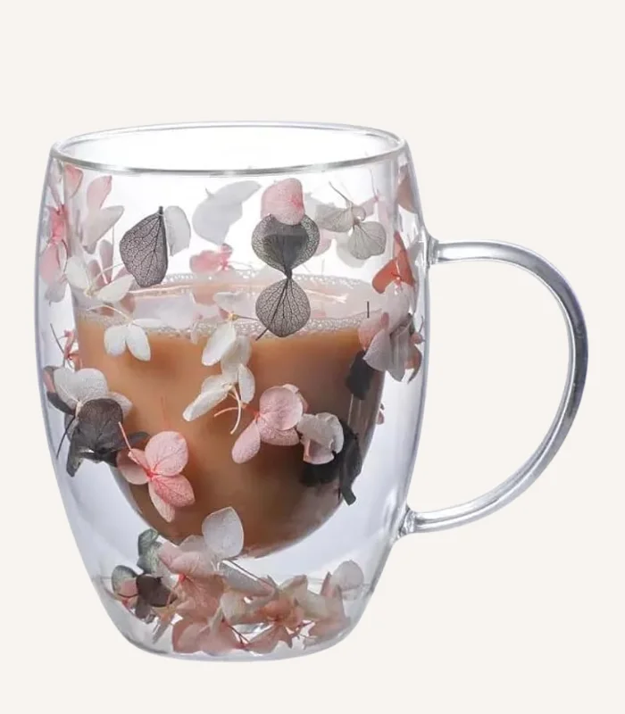 Double Wall Glass Mug with Dry Flowers.